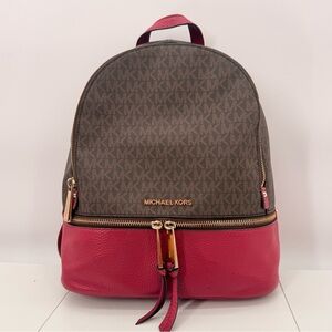 Michael Kors Rhea Medium Brown and Red Backpack MK Signature Leather